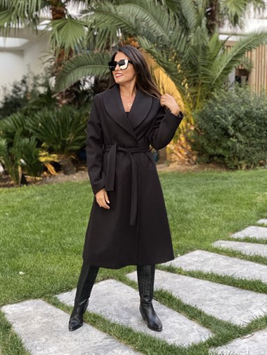 Siyah Uzun Kuşaklı Kaşe Kadın Kaban