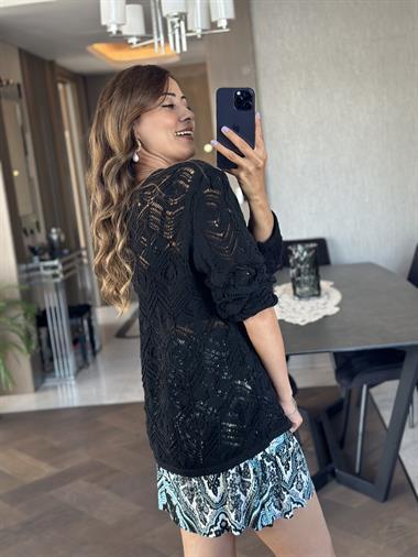 Siyah V Yaka Ajurlu Örgü Kadın Triko Kazak