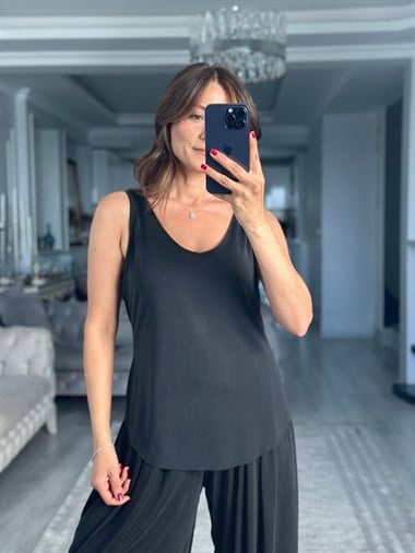 Siyah V Yaka Askılı Modal Kadın Atlet