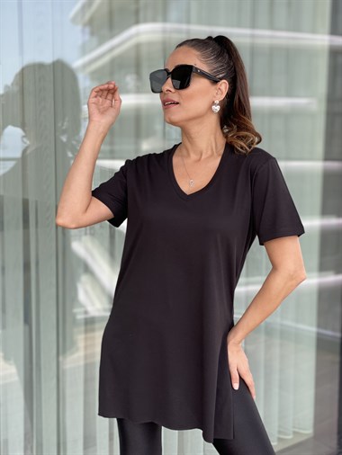 Siyah V Yaka Basic Kadın Tshirt 