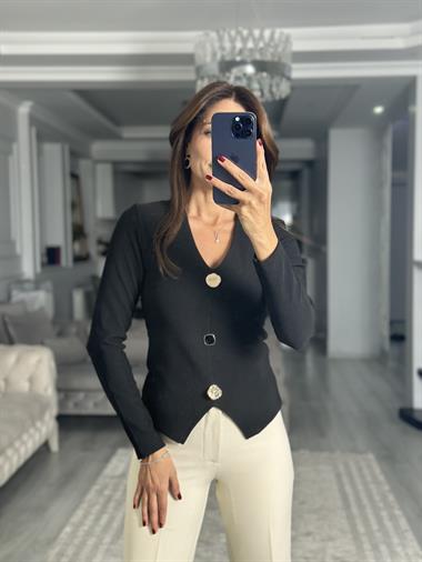 Siyah V Yaka Ottoman Kumaş Düğme Detay Kadın Bluz