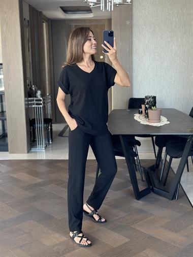 Siyah Özel Üretim V Yaka Kısa Kollu Bürümcük Kadın Alt Üst Takım
