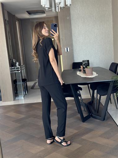 Siyah Özel Üretim V Yaka Kısa Kollu Bürümcük Kadın Alt Üst Takım