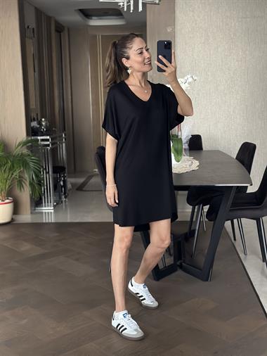 Siyah V Yaka Yarasa Kol Lazer Kesim Kadın Elbise