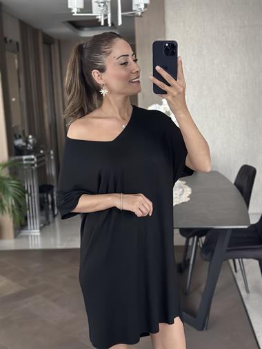 Siyah V Yaka Yarasa Kol Lazer Kesim Kadın Elbise