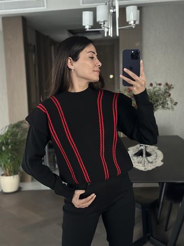 Siyah Vatka Görünümlü Şerit Detay Triko Kadın Kazak