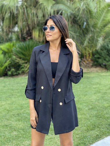 Siyah Vatkalı Dört Düğmeli Keten Aerobin Kadın Ceket