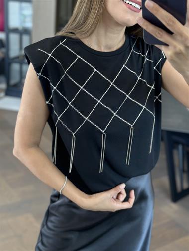 Siyah Vatkalı Önü Zincirli Bisiklet Yaka Kadın T-Shirt