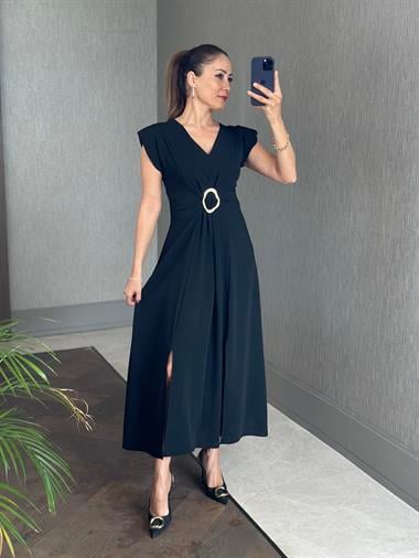Siyah Vatkalı V Yaka Önü Tokalı Kadın Midi Boy Elbise