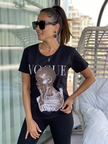 Siyah Vogue Zincir Detay T-shirt