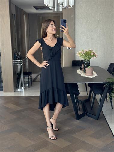 Siyah Yaka Volanlı Aerobin Kadın Elbise