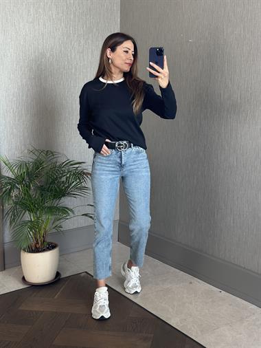 Siyah Yakası Beyaz Ribanalı Uzun Kollu Kadın T-Shirt