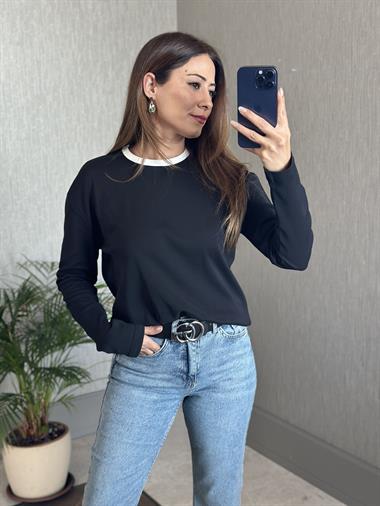 Siyah Yakası Beyaz Ribanalı Uzun Kollu Kadın T-Shirt