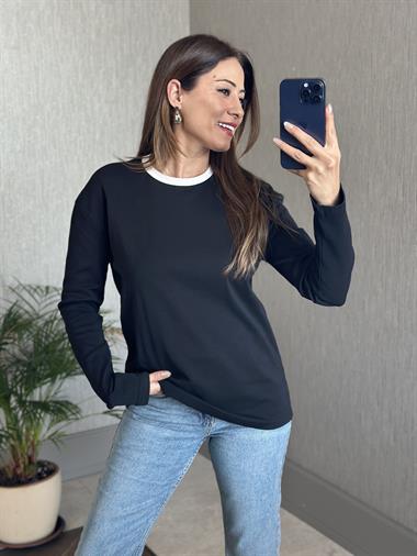 Siyah Yakası Beyaz Ribanalı Uzun Kollu Kadın T-Shirt