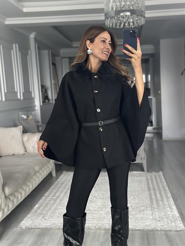 Siyah Yakası Kürklü Kemerli Kadın Kaşe Panço
