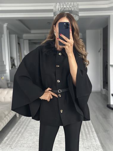 Siyah Yakası Kürklü Kemerli Kadın Kaşe Panço