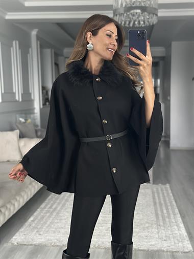 Siyah Yakası Kürklü Kemerli Kadın Kaşe Panço