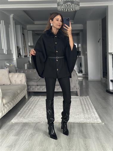 Siyah Yakası Kürklü Kemerli Kadın Kaşe Panço