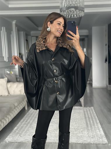 Siyah Yakası Leopar Kürklü Kadın Deri Panço