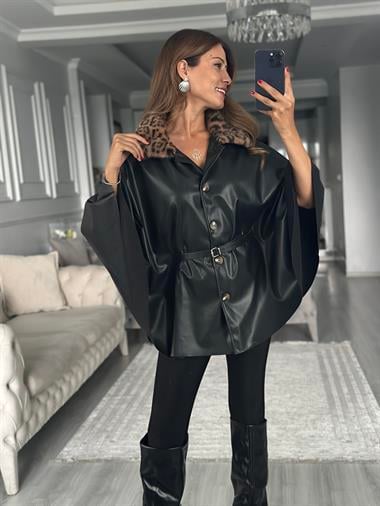 Siyah Yakası Leopar Kürklü Kadın Deri Panço