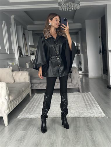 Siyah Yakası Leopar Kürklü Kadın Deri Panço