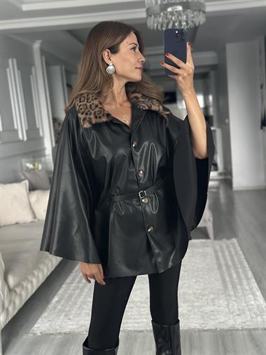Siyah Yakası Leopar Kürklü Kadın Deri Panço
