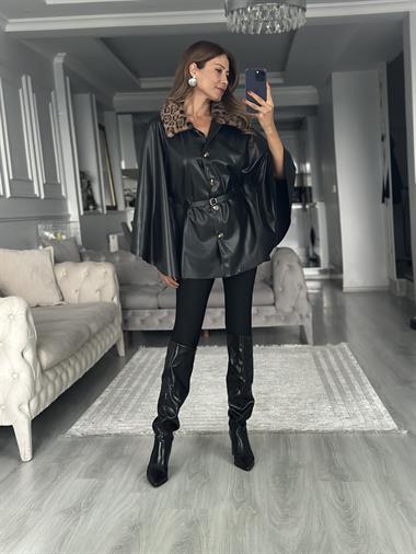 Siyah Yakası Leopar Kürklü Kadın Deri Panço