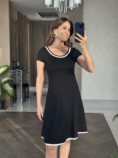 Siyah Yakası Ve Etek Ucu Biyeli Kısa Kol Kadın Mini Elbise