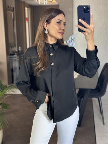 Siyah Yakası Ve Kolları Gold Düğme Detay Kadın Saten Gömlek