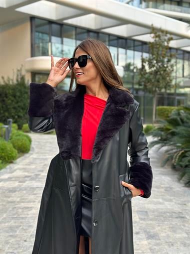 Siyah Yakası Ve Kolu Kürklü Düğmeli  Deri Kadın Pardesü