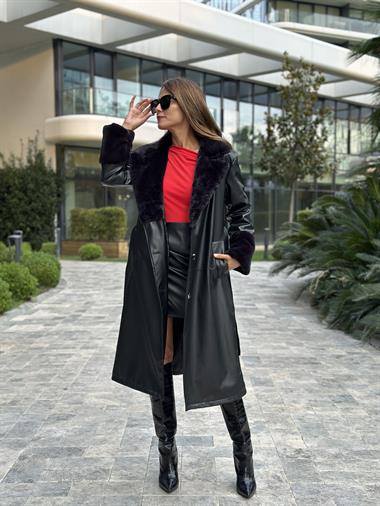 Siyah Yakası Ve Kolu Kürklü Düğmeli  Deri Kadın Pardesü