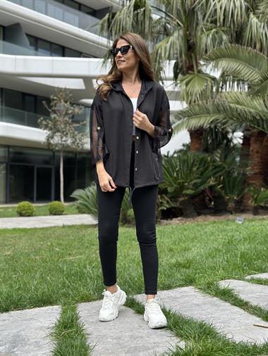 Siyah Yan File Kapüşonlu Keten Aerobin Kadın Ceket