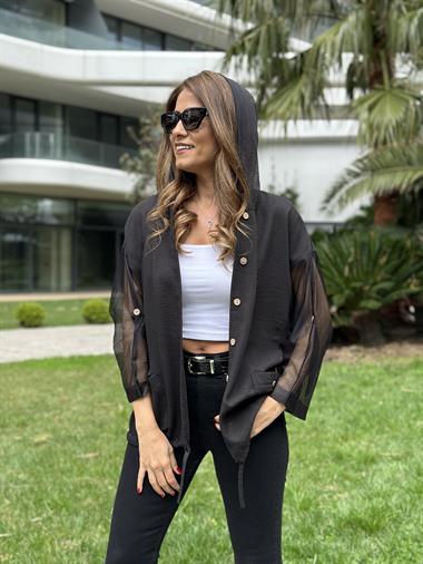 Siyah Yan File Kapüşonlu Keten Aerobin Kadın Ceket