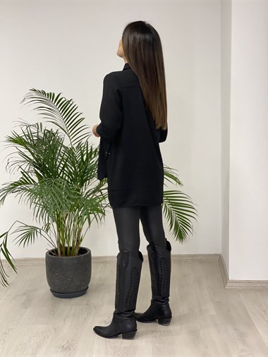 Siyah Yanları Çıtçıt Düğmeli Keten Aerobin Kadın Gömlek