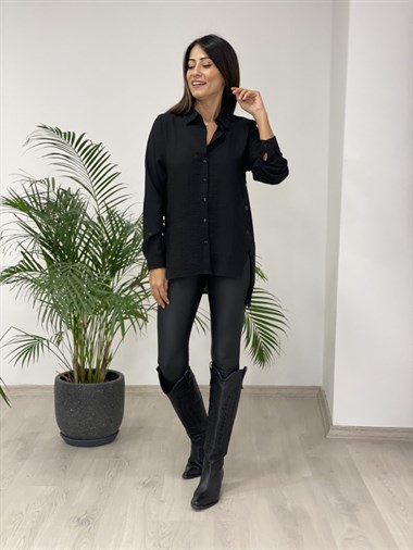Siyah Yanları Çıtçıt Düğmeli Keten Aerobin Kadın Gömlek