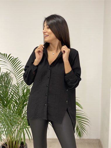 Siyah Yanları Çıtçıt Düğmeli Keten Aerobin Kadın Gömlek
