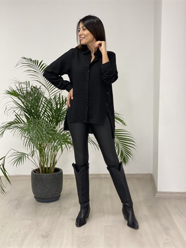 Siyah Yanları Çıtçıt Düğmeli Keten Aerobin Kadın Gömlek