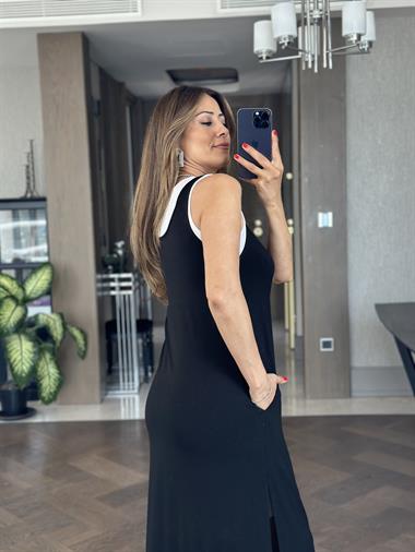 Siyah Yanları Yırtmaçlı Maksi Boy Kadın İkili Elbise
