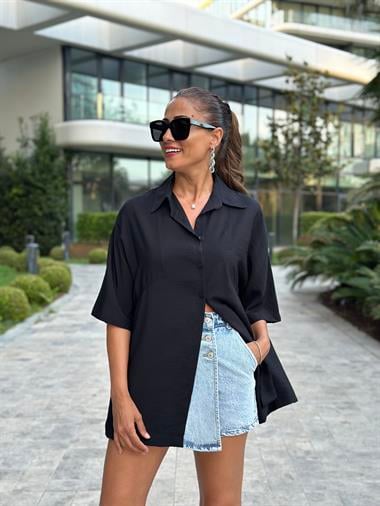 Siyah Yarasa Kol Çift İğne Salaş Kadın Gömlek