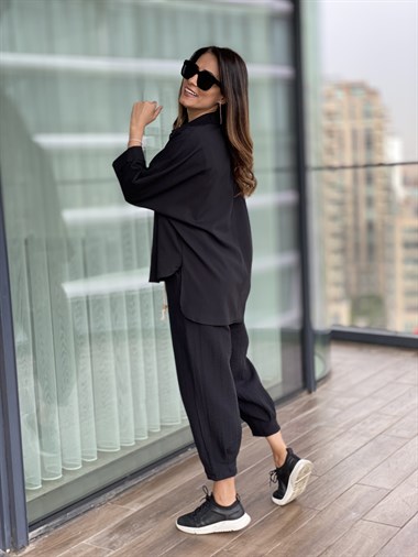 Siyah Yarasa Kol Krinkıl Gömlek