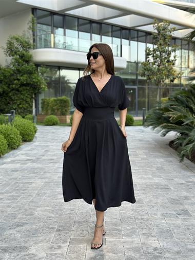 Siyah Yarasa Kol Kruvaze Yaka  Aerobin Kadın Elbise 