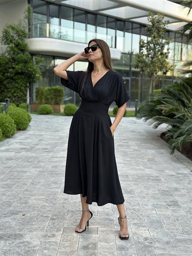 Siyah Yarasa Kol Kruvaze Yaka  Aerobin Kadın Elbise 
