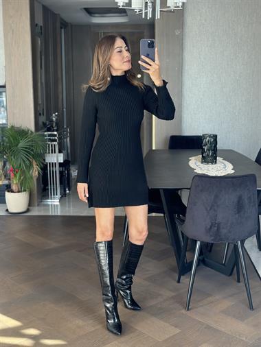 Siyah Yarım Balıkçı Fitilli Triko Kadın Çan Elbise