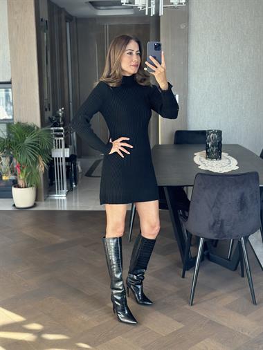 Siyah Yarım Balıkçı Fitilli Triko Kadın Çan Elbise