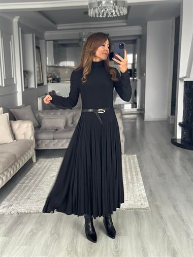 Siyah Yarım Balıkçı Kemerli Piliseli Midi Boy Kadın Elbise
