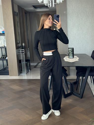 Siyah Yarım Balıkçı Uzun Kol Önü Dikiş Detay Kadın Body