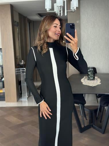 Siyah Yarım Balıkçı Yaka Şerit Detay Ottoman Kumaş Arkası Yırtmaçlı Kadın Elbise 