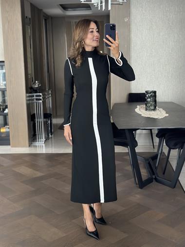 Siyah Yarım Balıkçı Yaka Şerit Detay Ottoman Kumaş Arkası Yırtmaçlı Kadın Elbise 