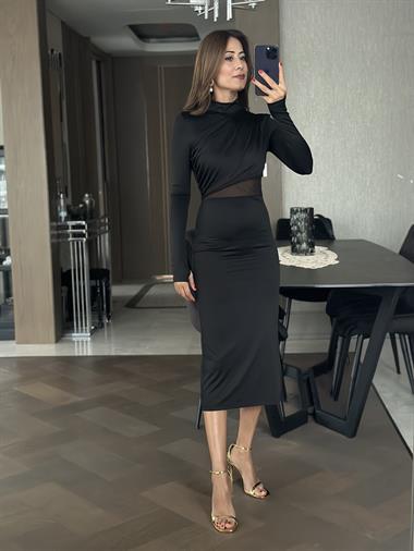 Siyah Yarım Balıkçı Yanı Drapeli Beli Tül Detay Kadın Elbise
