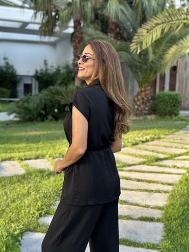 Siyah Yeleği Kuşaklı Ve Cepli Pantolon Aerobin Kadın İkili Takım